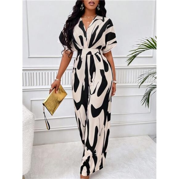 Allover Print Batwing Sleeve Belted Jumpsuit